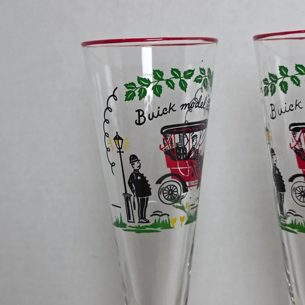 VTG Buick Model C 1905 Pilsner Glasses Red Rim Stemmed Set of 3‎ Barware Retro